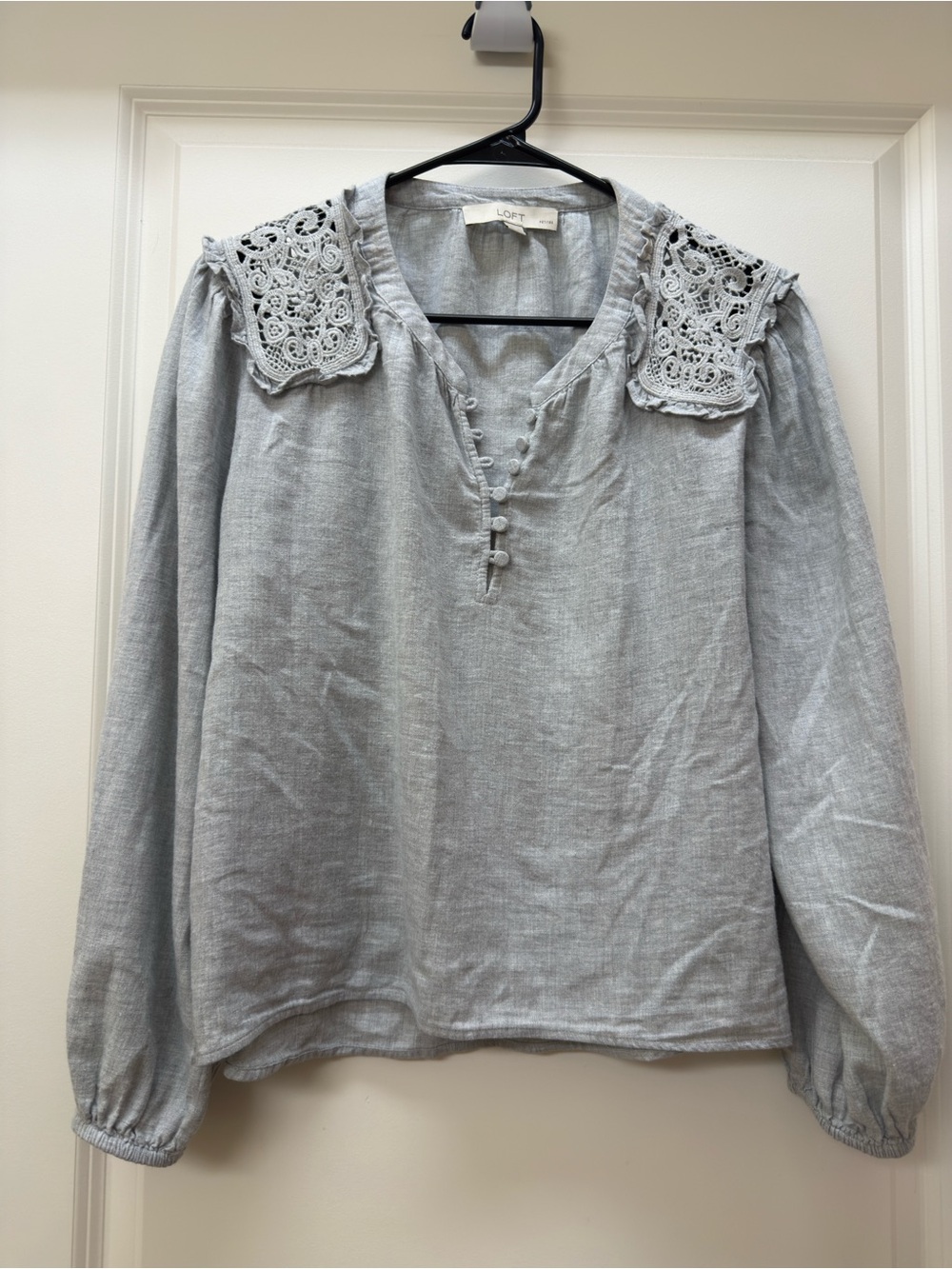 LOFT Pale Gray Crochet Collar Button-Front Blouse